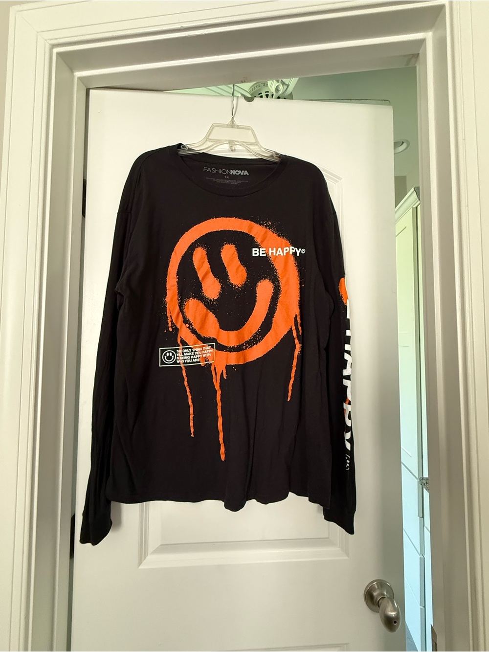 Fashion Nova Black Tee with Orange Drip Smiley